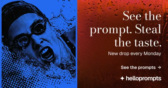 Social ad for HelloPrompts: "See the prompt. Steal the taste." Minimal luxury style, right layout, dark palette in red, black, pink.