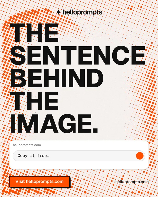 Instagram portrait post for HelloPrompts: "The sentence behind the image." Brutalist style, poster layout, light palette in orange, white.