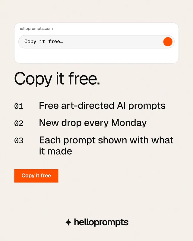 Instagram portrait post for HelloPrompts: "Copy it free." Swiss style, numbered layout, light palette in white, orange.