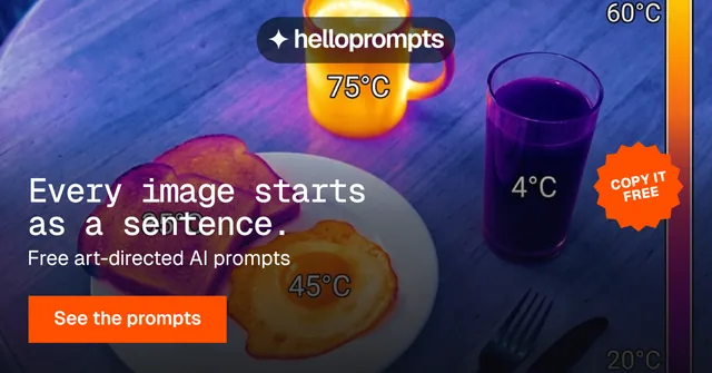 Social ad for HelloPrompts: "Every image starts as a sentence." Swiss style, sticker layout, dark palette in blue, pink, orange.