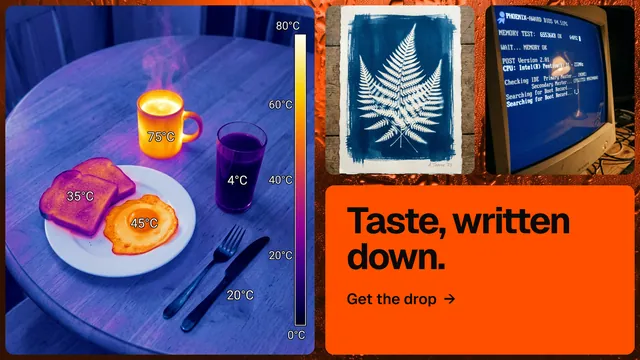 Landscape graphic for HelloPrompts: "Taste, written down." Agentic glass style, collage layout, dark palette in red, blue, grey.