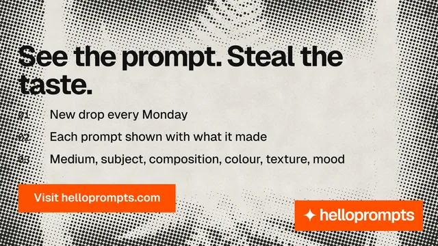 Landscape graphic for HelloPrompts: "See the prompt. Steal the taste." Swiss style, numbered layout, light palette in brown, grey, white.