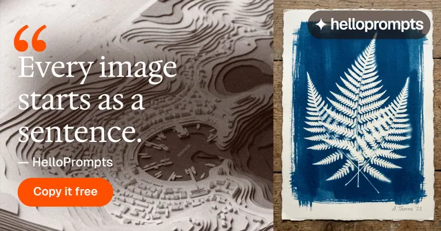 Social ad for HelloPrompts: "Say it like an art director." Photo poster style, quote layout, light palette in blue, orange, grey.