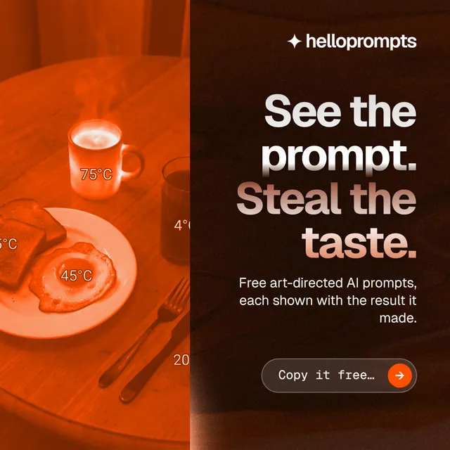 Instagram post for HelloPrompts: "See the prompt. Steal the taste." Agentic glass style, right layout, dark palette in black, orange.