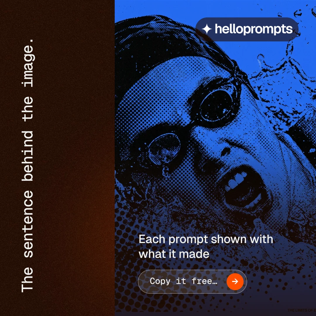 Instagram post for HelloPrompts: "The sentence behind the image." Agentic glass style, vertical layout, dark palette in blue, black.