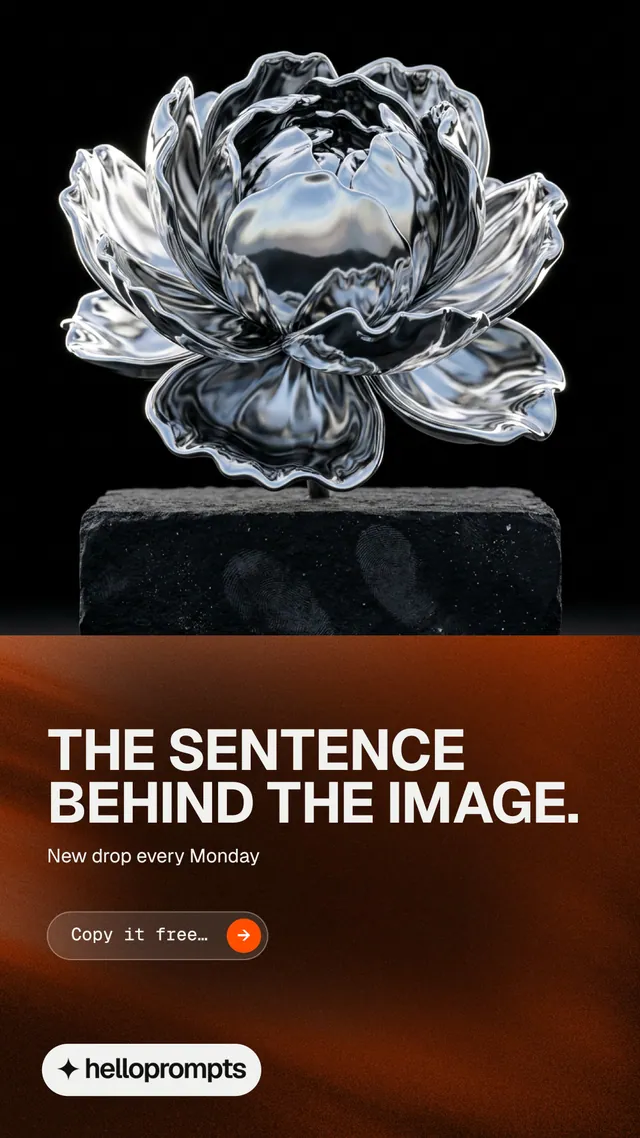 Instagram story for HelloPrompts: "The sentence behind the image." Agentic glass style, bottom layout, dark palette in black, orange, grey.