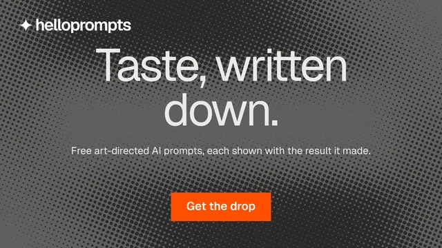 Landscape graphic for HelloPrompts: "Taste, written down." Swiss style, centred layout, dark palette in grey, black.