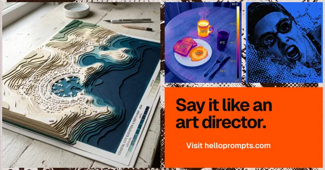 Social ad for HelloPrompts: "Say it like an art director." Swiss style, collage layout, light palette in blue, orange, grey.