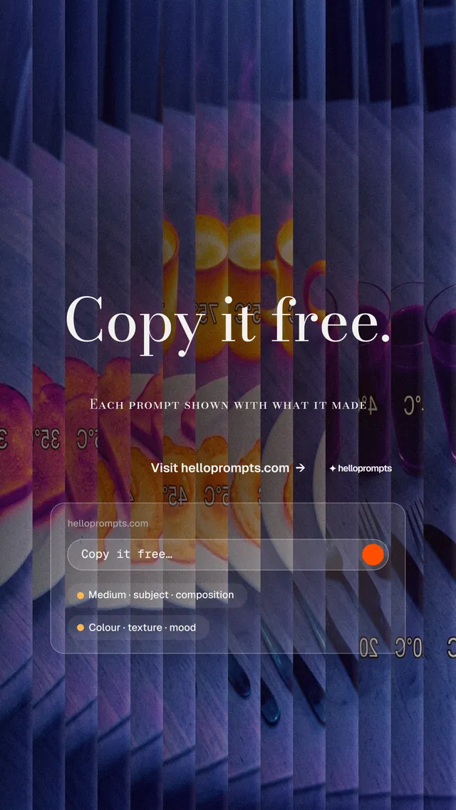 Instagram story for HelloPrompts: "Copy it free." Minimal luxury style, smallcaps layout, dark palette in blue, purple, grey.