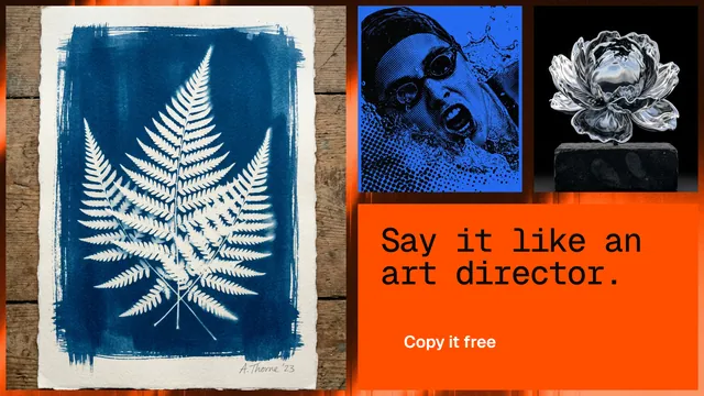 Landscape graphic for HelloPrompts: "Say it like an art director." Swiss style, collage layout, dark palette in blue, orange, grey.