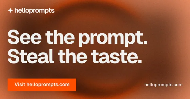 Social ad for HelloPrompts: "See the prompt. Steal the taste." Swiss style, poster layout, dark palette in orange, brown.