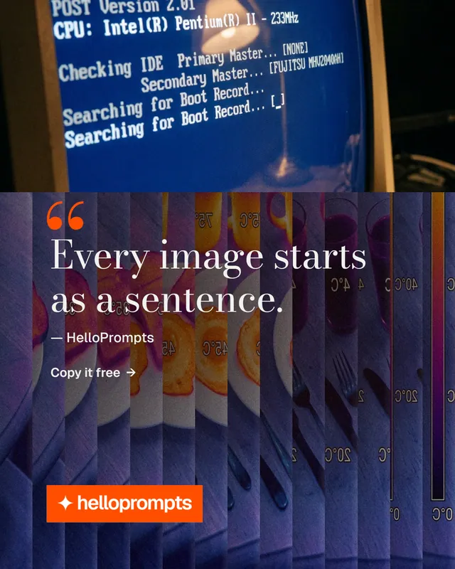Instagram portrait post for HelloPrompts: "See the prompt. Steal the taste." Minimal luxury style, quote layout, dark palette in blue, purple, grey.