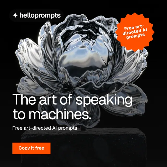 Instagram post for HelloPrompts: "The art of speaking to machines." Swiss style, sticker layout, dark palette in black, grey, orange.