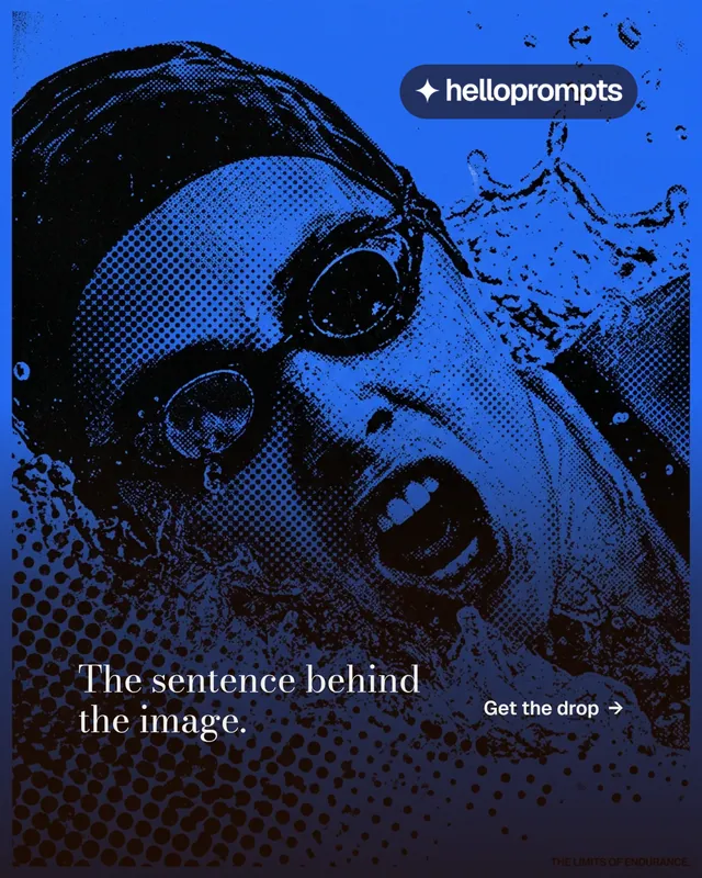 Instagram portrait post for HelloPrompts: "The sentence behind the image." Minimal luxury style, image led layout, dark palette in blue, purple, black.