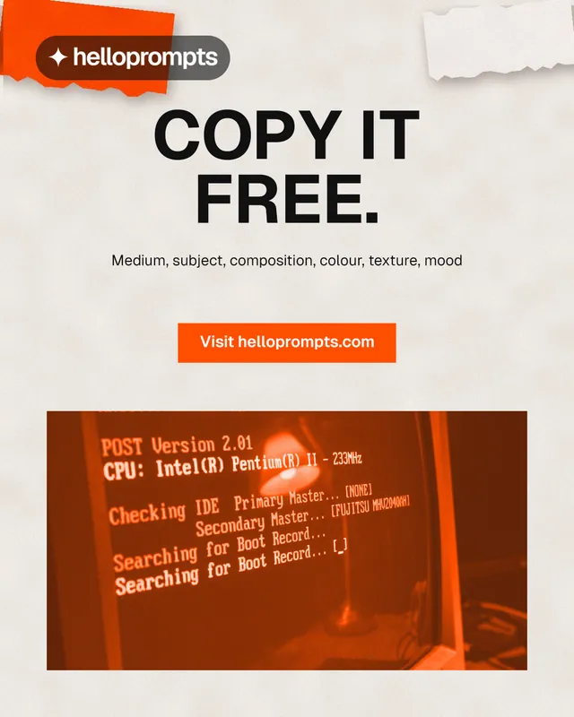 Instagram portrait post for HelloPrompts: "Copy it free." Retro print style, centred layout, light palette in orange.