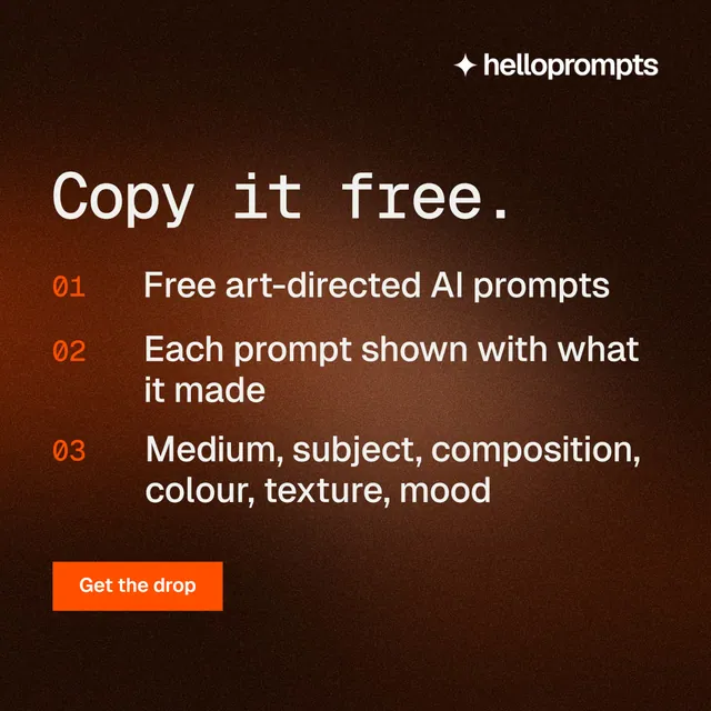 Instagram post for HelloPrompts: "Copy it free." Swiss style, numbered layout, dark palette in orange, black, brown.
