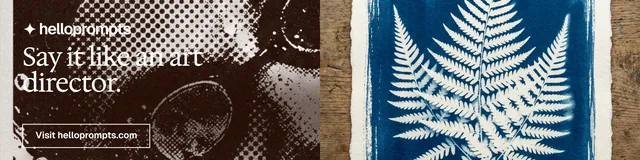 LinkedIn banner for HelloPrompts: "Say it like an art director." Editorial style, bottom layout, dark palette in grey, orange, blue.