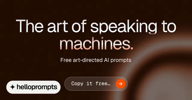 Social ad for HelloPrompts: "The art of speaking to machines." Agentic glass style, centred layout, dark palette in black, grey, orange.