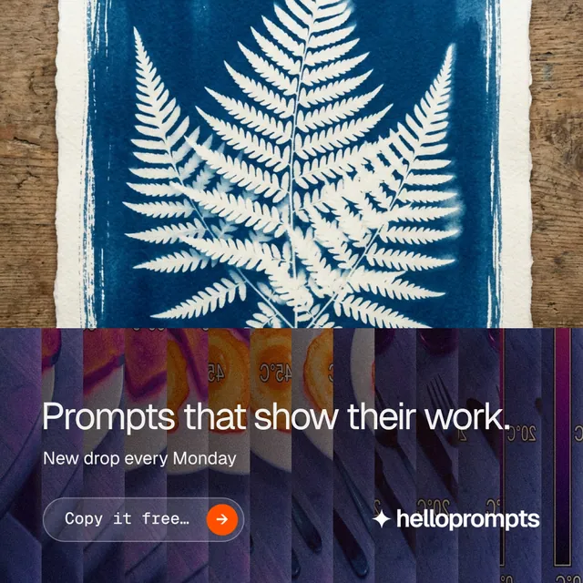 Instagram post for HelloPrompts: "Prompts that show their work." Agentic glass style, bottom layout, dark palette in blue, grey, pink.
