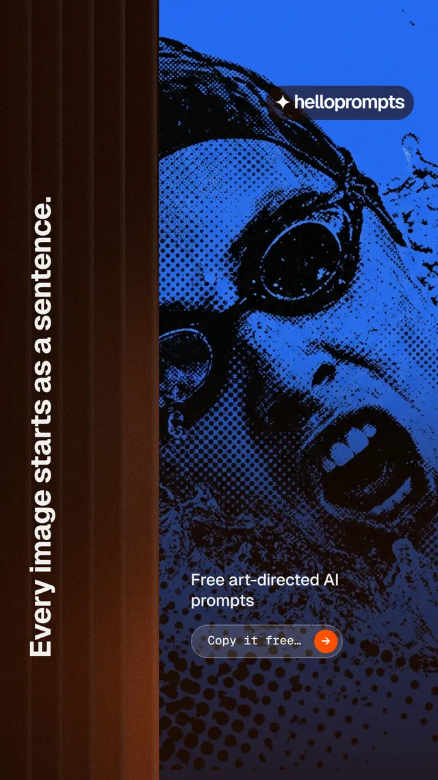 Instagram story for HelloPrompts: "Every image starts as a sentence." Agentic glass style, vertical layout, dark palette in black, blue.