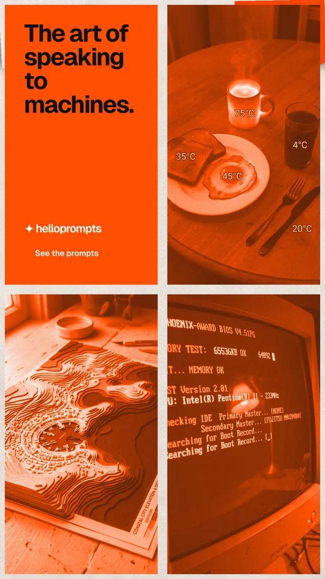 Instagram story for HelloPrompts: "The art of speaking to machines." Swiss style, collage layout, dark palette in orange.