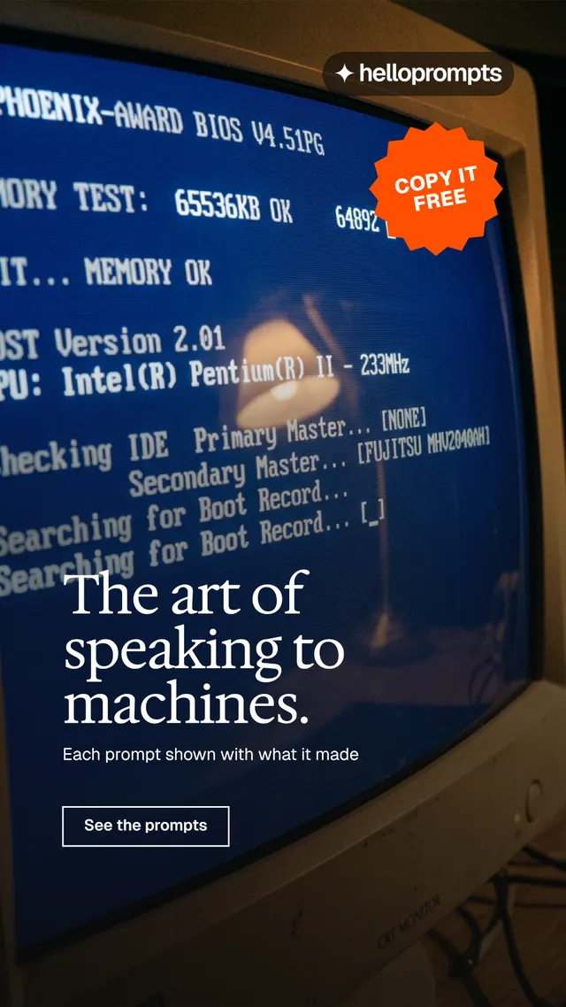 Instagram story for HelloPrompts: "The art of speaking to machines." Editorial style, sticker layout, dark palette in black, blue, grey.