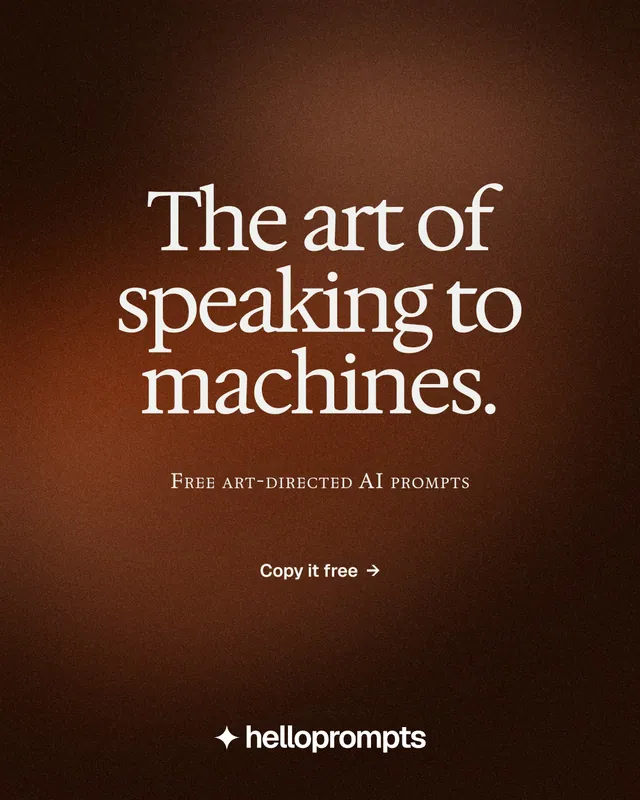 Instagram portrait post for HelloPrompts: "The art of speaking to machines." Swiss style, smallcaps layout, dark palette in black, orange.