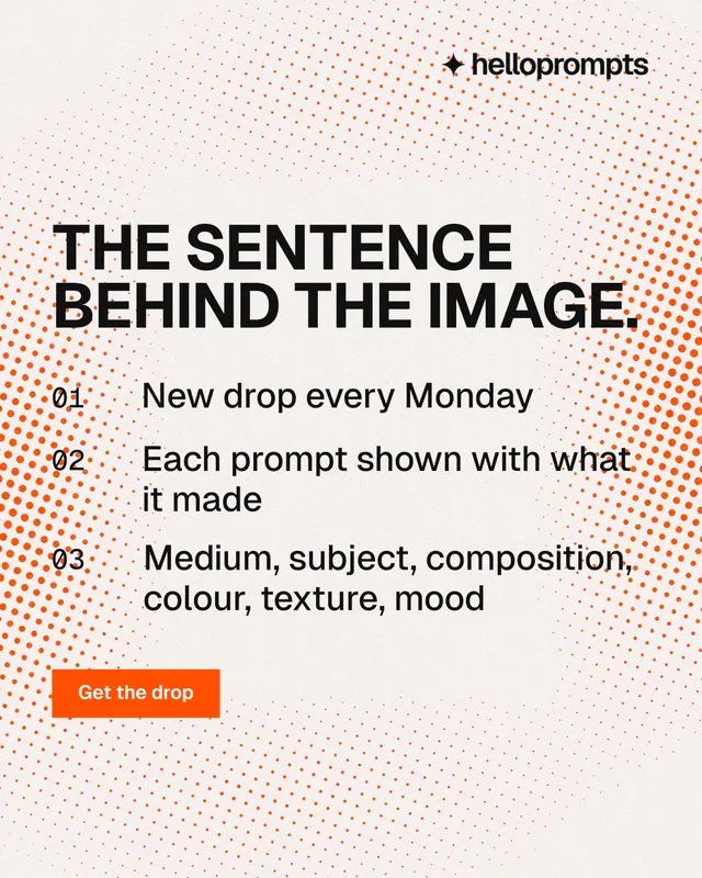 Instagram portrait post for HelloPrompts: "The sentence behind the image." Swiss style, numbered layout, light palette in white, orange, grey.