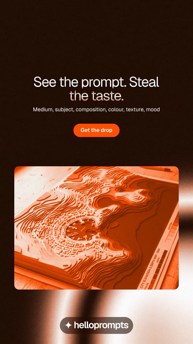 Instagram story for HelloPrompts: "See the prompt. Steal the taste." Y2K style, centred layout, dark palette in black, orange.