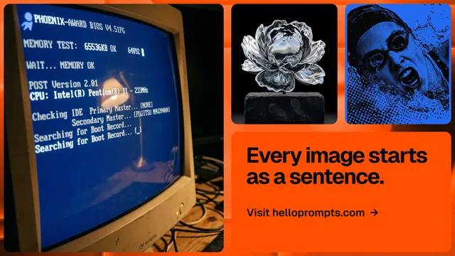 Landscape graphic for HelloPrompts: "Every image starts as a sentence." Agentic glass style, collage layout, dark palette in blue, orange, grey.
