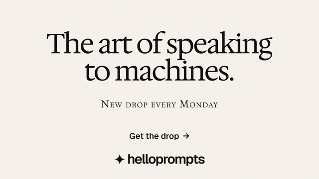 Landscape graphic for HelloPrompts: "The art of speaking to machines." Swiss style, smallcaps layout, light palette in white, grey.