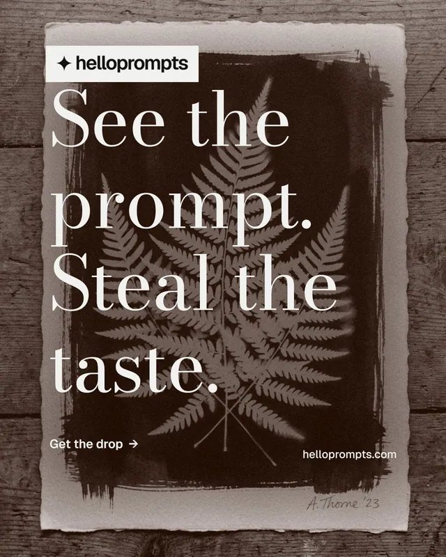Instagram portrait post for HelloPrompts: "See the prompt. Steal the taste." Minimal luxury style, poster layout, dark palette in grey, black, orange.