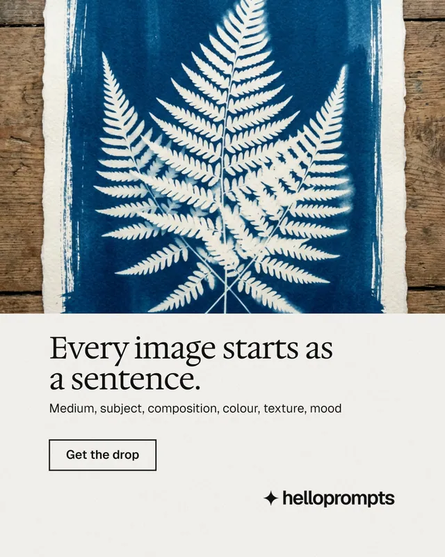 Instagram portrait post for HelloPrompts: "Every image starts as a sentence." Editorial style, bottom layout, light palette in white, blue, grey.