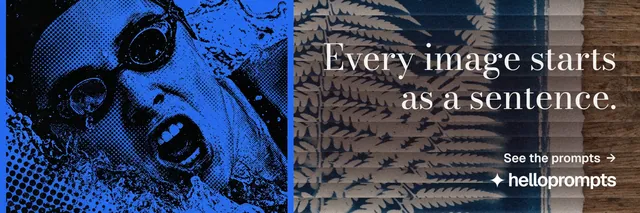X header for HelloPrompts: "Every image starts as a sentence." Minimal luxury style, right layout, dark palette in blue, black, grey.