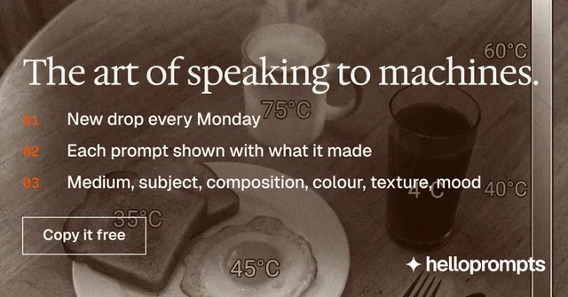 Social ad for HelloPrompts: "The art of speaking to machines." Editorial style, numbered layout, dark palette in grey, orange.