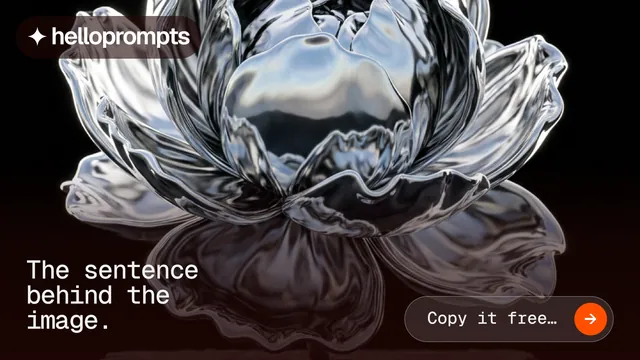 Landscape graphic for HelloPrompts: "The sentence behind the image." Agentic glass style, image led layout, dark palette in grey, black.