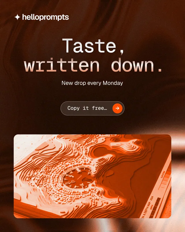 Instagram portrait post for HelloPrompts: "Taste, written down." Agentic glass style, centred layout, dark palette in orange, black.