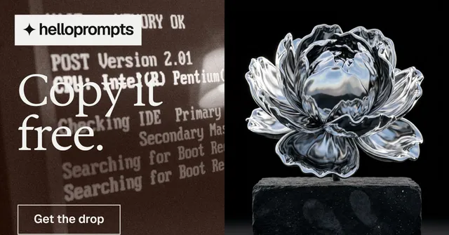 Social ad for HelloPrompts: "Copy it free." Editorial style, bottom layout, dark palette in black, orange, grey.