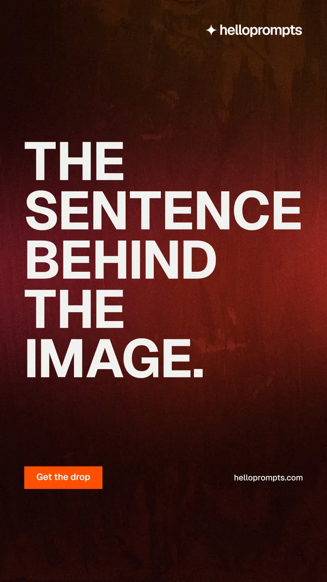 Instagram story for HelloPrompts: "The sentence behind the image." Swiss style, poster layout, dark palette in black, red.