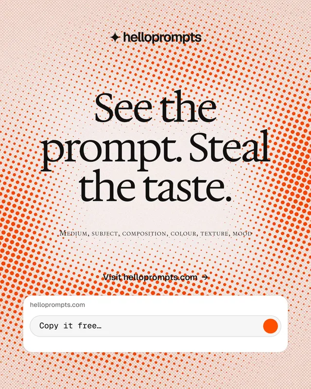 Instagram portrait post for HelloPrompts: "See the prompt. Steal the taste." Split block style, smallcaps layout, light palette in orange, white.