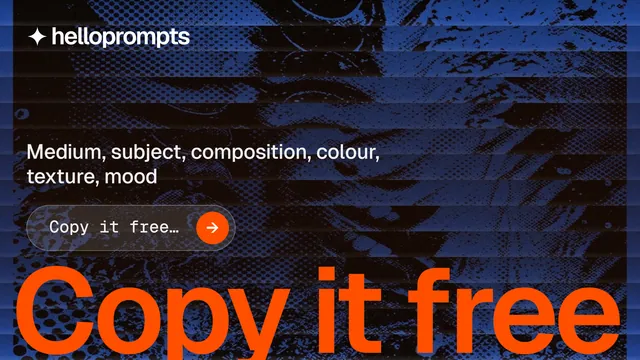 Landscape graphic for HelloPrompts: "Copy it free." Agentic glass style, oversized layout, dark palette in blue, black, red.