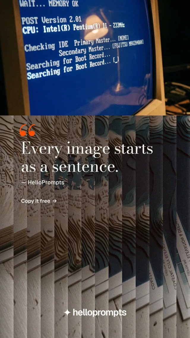 Instagram story for HelloPrompts: "Every image starts as a sentence." Minimal luxury style, quote layout, dark palette in black, grey, blue.