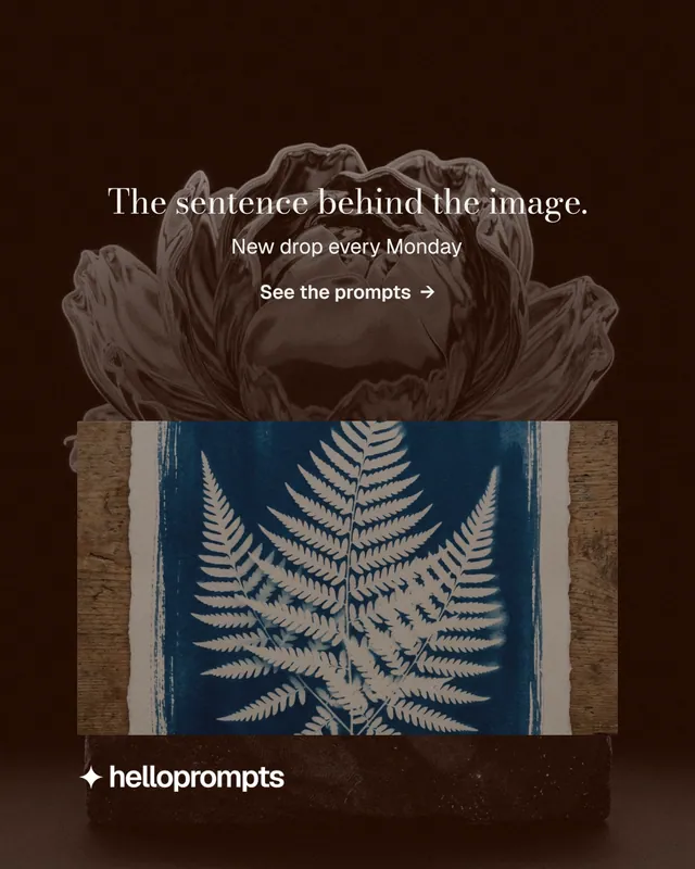 Instagram portrait post for HelloPrompts: "The sentence behind the image." Minimal luxury style, centred layout, dark palette in black, grey.