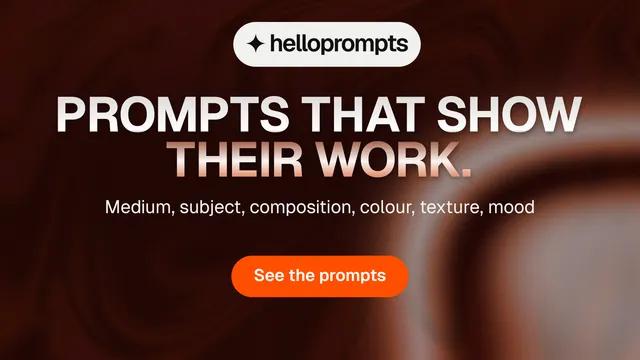 Landscape graphic for HelloPrompts: "Prompts that show their work." Y2K style, centred layout, dark palette in black, grey, red.