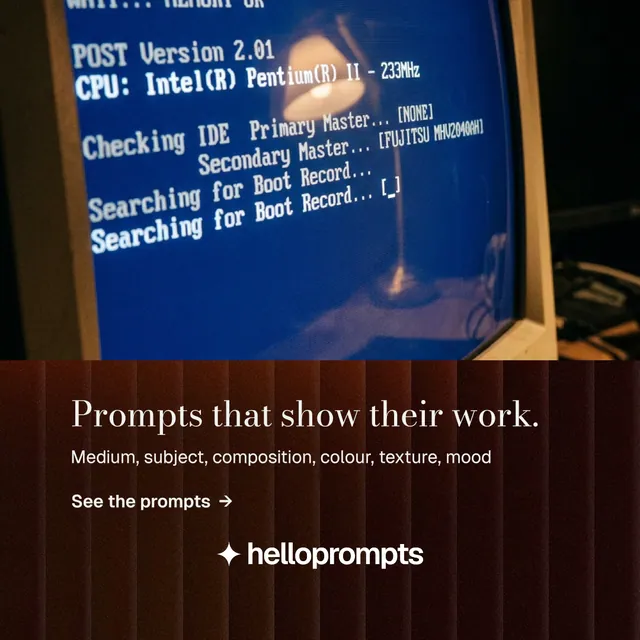 Instagram post for HelloPrompts: "Prompts that show their work." Minimal luxury style, bottom layout, dark palette in black, blue, grey.
