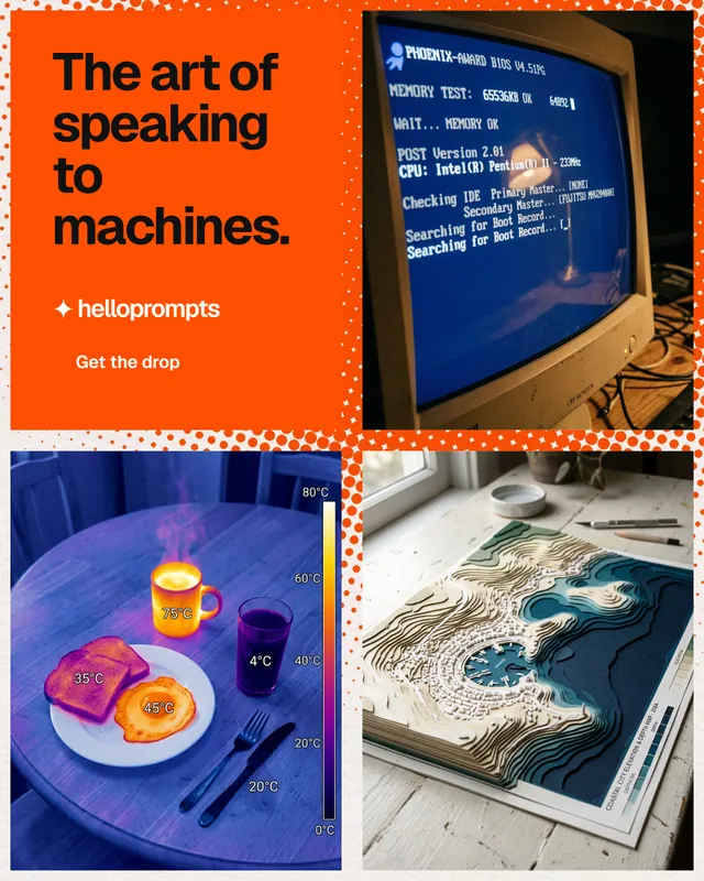 Instagram portrait post for HelloPrompts: "The art of speaking to machines." Swiss style, collage layout, dark palette in blue, red, orange.