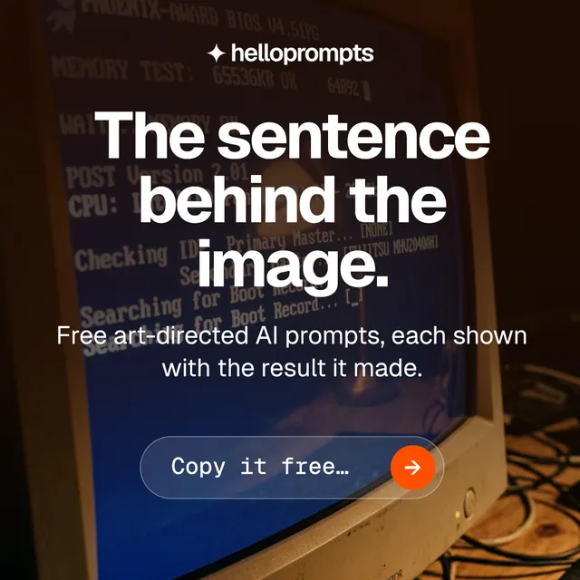 Instagram post for HelloPrompts: "The sentence behind the image." Agentic glass style, skeleton layout, dark palette in black, grey.