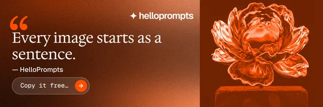 X header for HelloPrompts: "Say it like an art director." Agentic glass style, quote layout, dark palette in orange, brown.