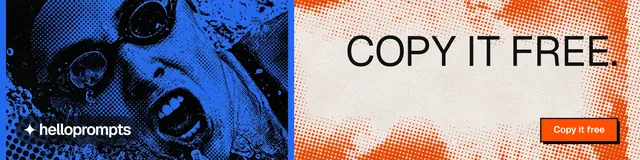 LinkedIn banner for HelloPrompts: "Copy it free." Brutalist style, right layout, light palette in blue, orange.