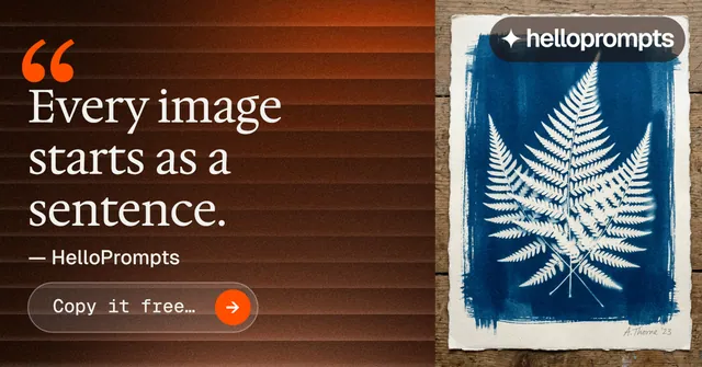 Social ad for HelloPrompts: "Say it like an art director." Agentic glass style, quote layout, dark palette in orange, grey, red.